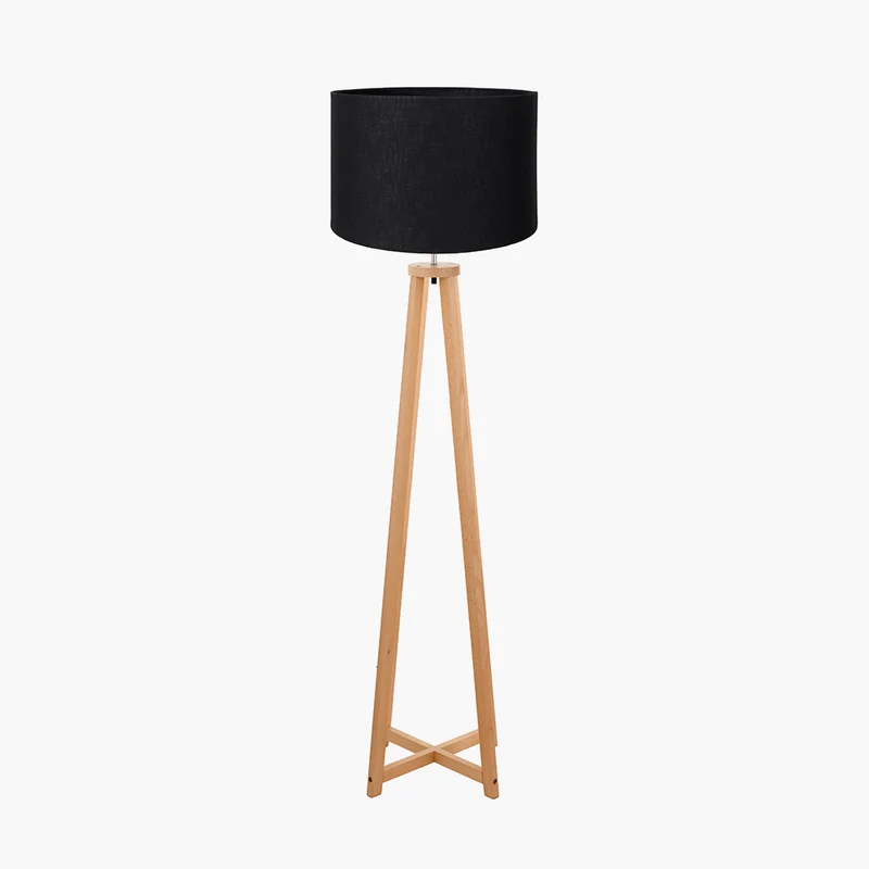 Whitby Natural Wood Tapered 4 Post Floor Lamp Base with Lino 45cm Black Self Lined Linen Cylinder Lampshade