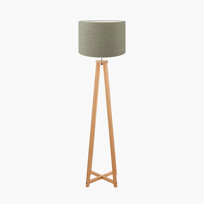 Whitby Natural Wood Tapered 4 Post Floor Lamp Base with Edward 45cm Pistachio Green Linen Cylinder Lampshade