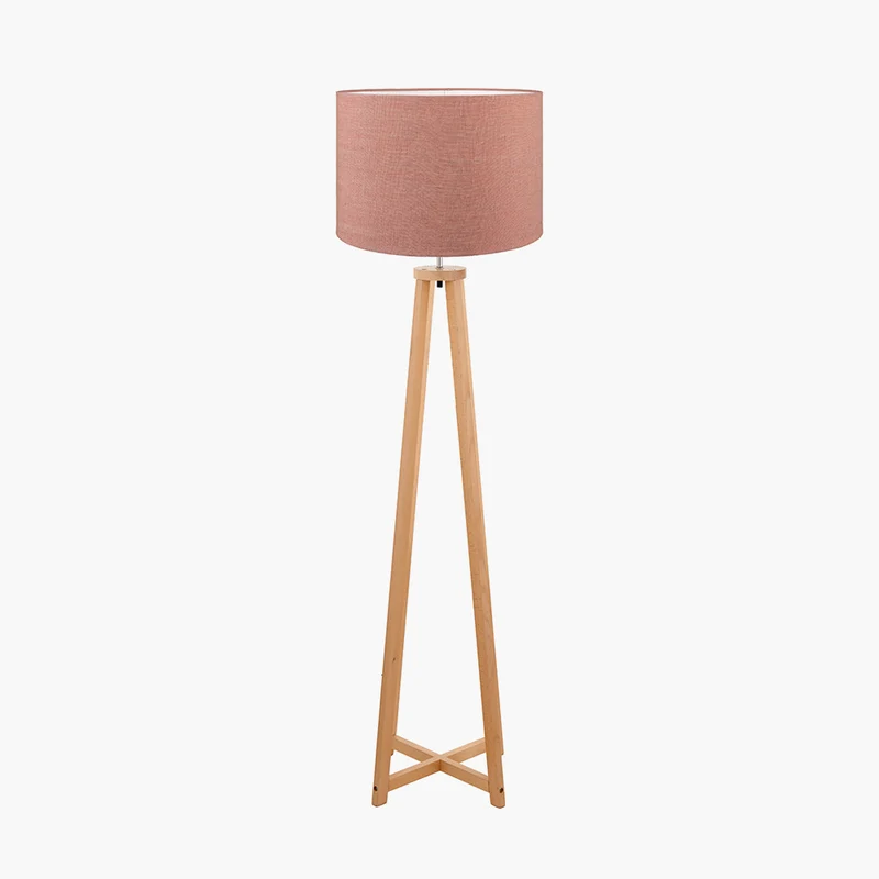 Whitby Natural Wood Tapered 4 Post Floor Lamp Base with Edward 45cm Apricot Linen Cylinder Lampshade