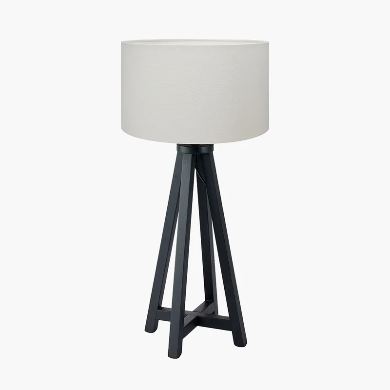 Whitby Matt Black Wood Tapered 4 Post Table Lamp Base with Henry 35cm White Handloom Cylinder Lampshade