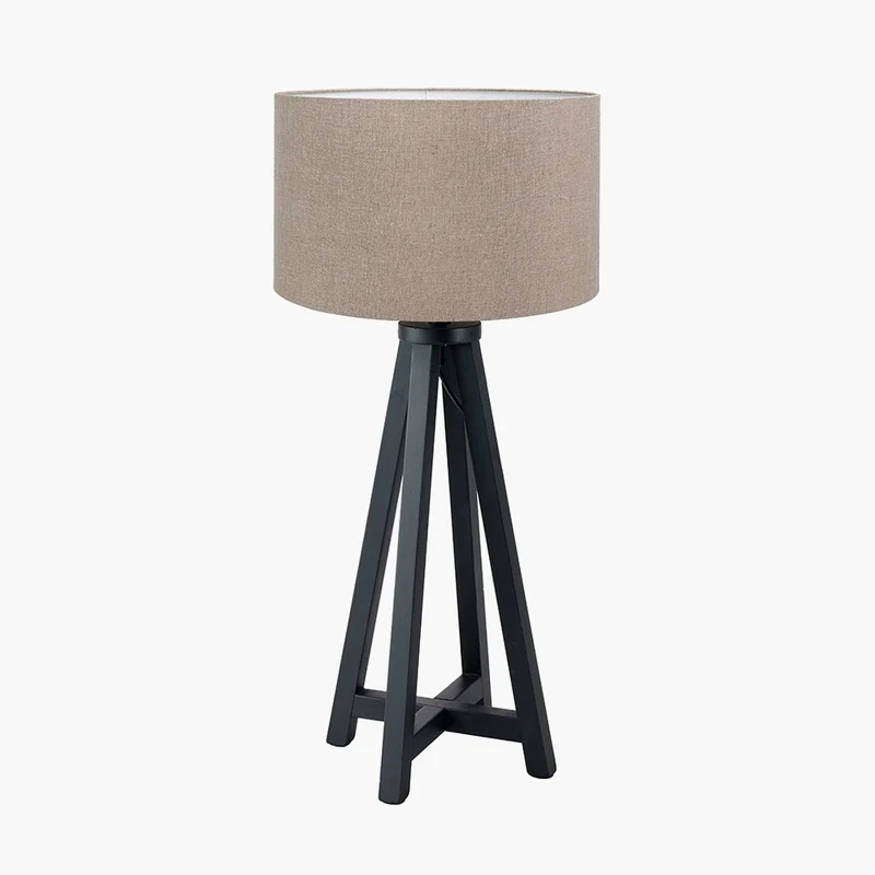 Whitby Matt Black Wood Tapered 4 Post Table Lamp Base with Edward 35cm Natural Linen Cylinder Lampshade