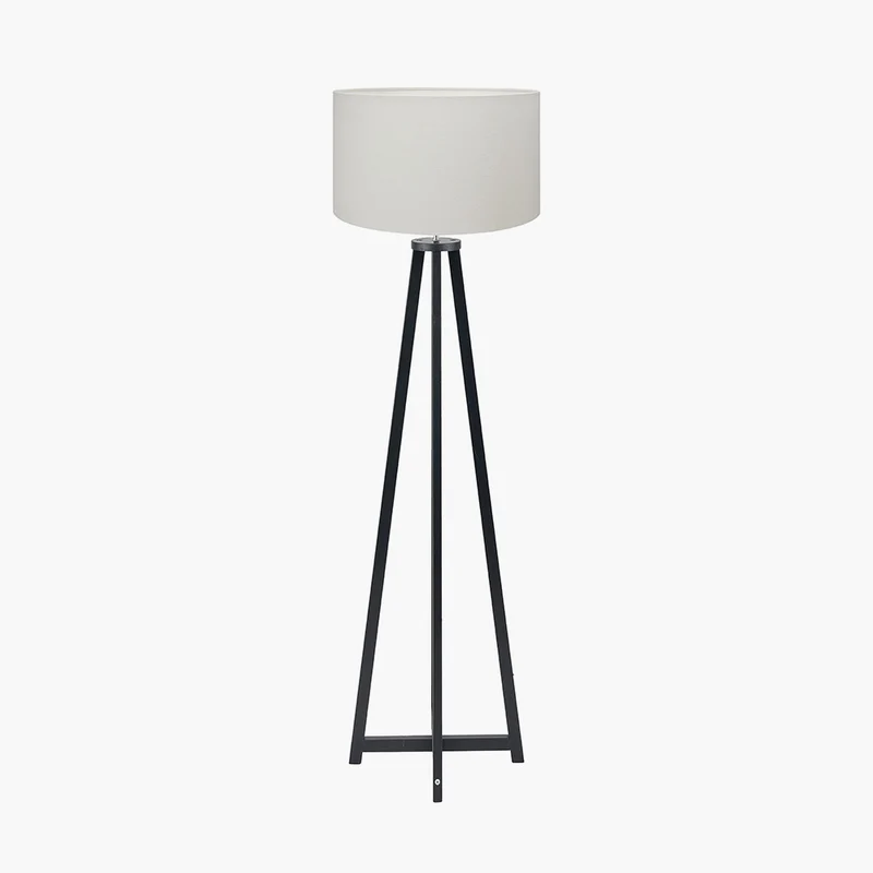 Whitby Matt Black Wood Tapered 4 Post Floor Lamp Base with Henry 45cm White Handloom Cylinder Lampshade