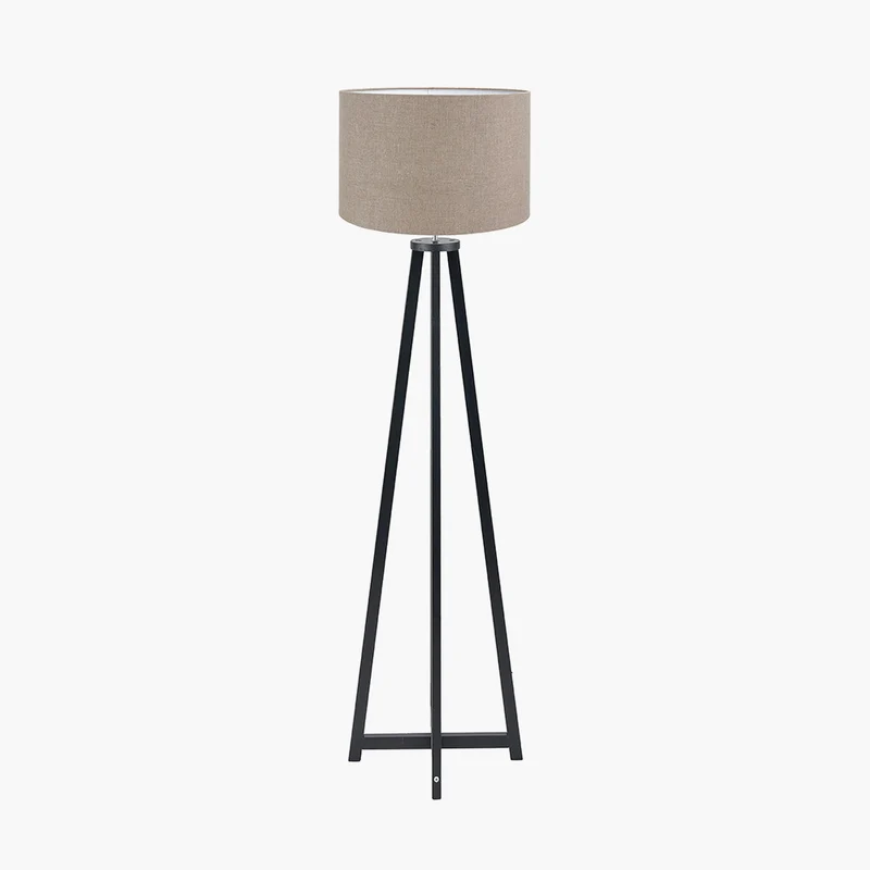 Whitby Matt Black Wood Tapered 4 Post Floor Lamp Base with Edward 45cm Natural Linen Cylinder Lampshade