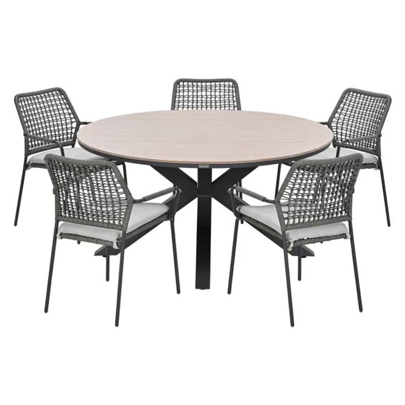 Solara tuinset 6-delig sand met Edison tuintafel rond 148 cm light teak vironwood