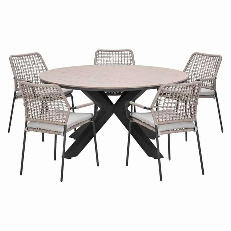 Solara tuinset 6-delig sand met Edison tuintafel rond 148 cm light teak vironwood