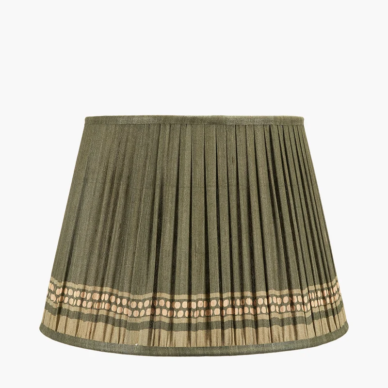 Samaira 40cm Olive Silk Border Print Mushroom Pleat Tapered Lampshade
