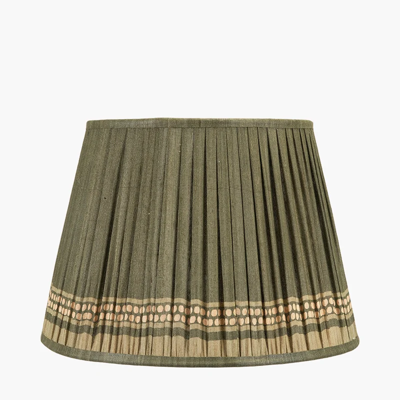 Samaira 40cm Olive Silk Border Print Mushroom Pleat Tapered Lampshade