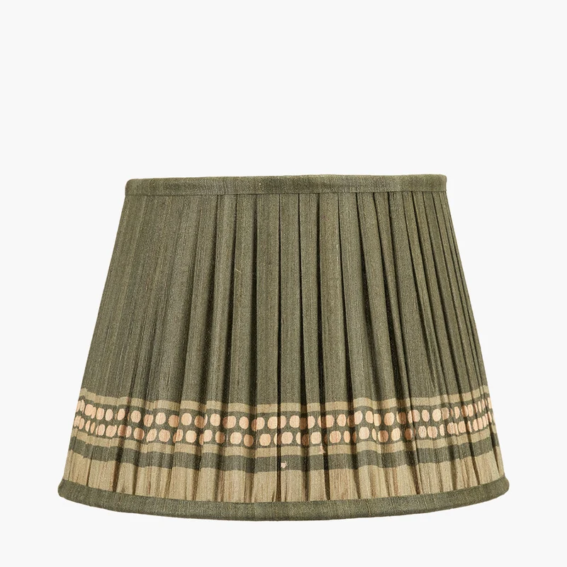 Samaira 30cm Olive Silk Border Print Mushroom Pleat Tapered Lampshade