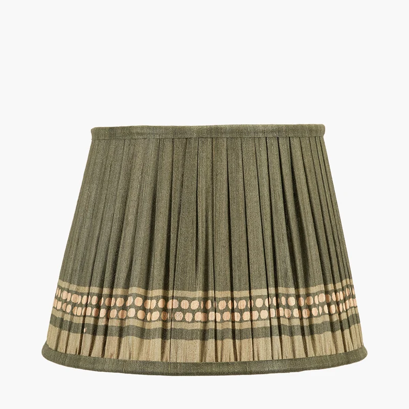 Samaira 30cm Olive Silk Border Print Mushroom Pleat Tapered Lampshade