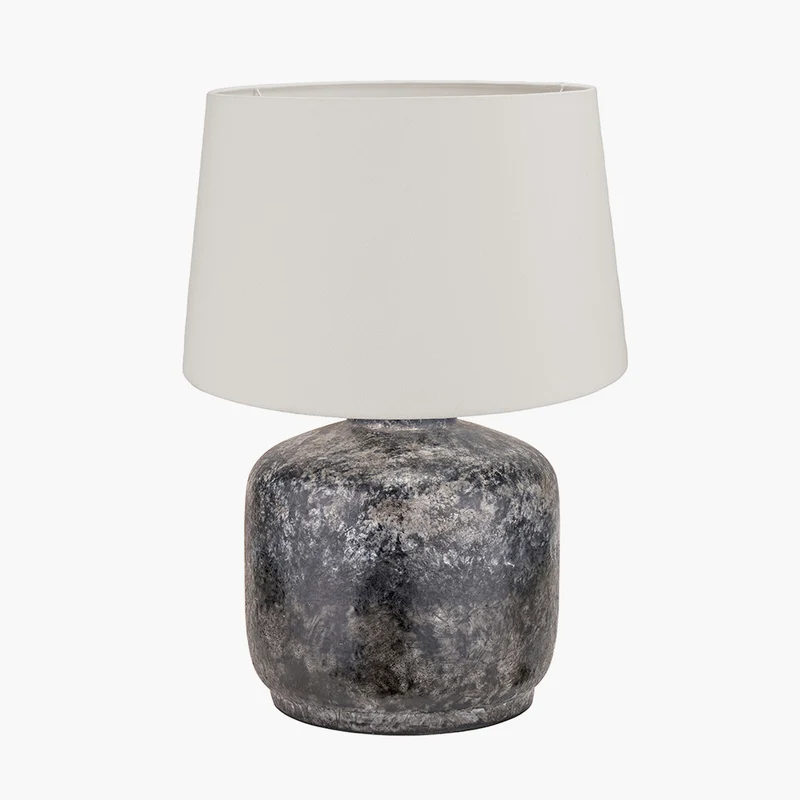 Vulcan Textured Volcanic Effect Grey Small Stoneware Table Lamp Base with Winston 30cm White Handloom Tapered Lampshade