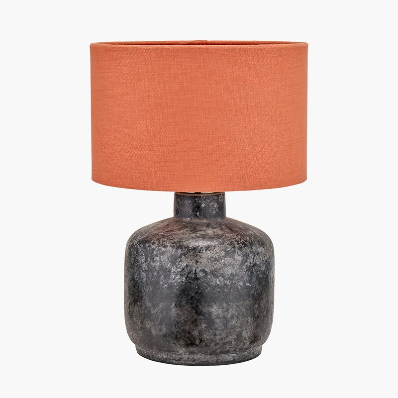 Vulcan Textured Volcanic Effect Grey Small Stoneware Table Lamp Base with Lino 25cm Cinnamon Self Lined Linen Cylinder Lampshade