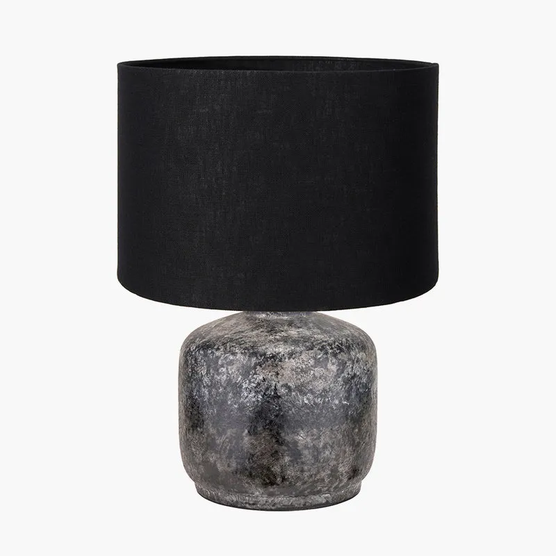 Vulcan Textured Volcanic Effect Grey Small Stoneware Table Lamp Base with Lino 25cm Black Self Lined Linen Cylinder Lampshade