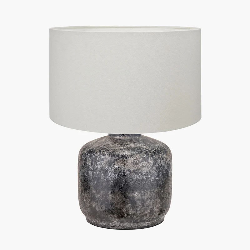 Vulcan Textured Volcanic Effect Grey Small Stoneware Table Lamp Base with Henry 30cm White Handloom Cylinder Lampshade