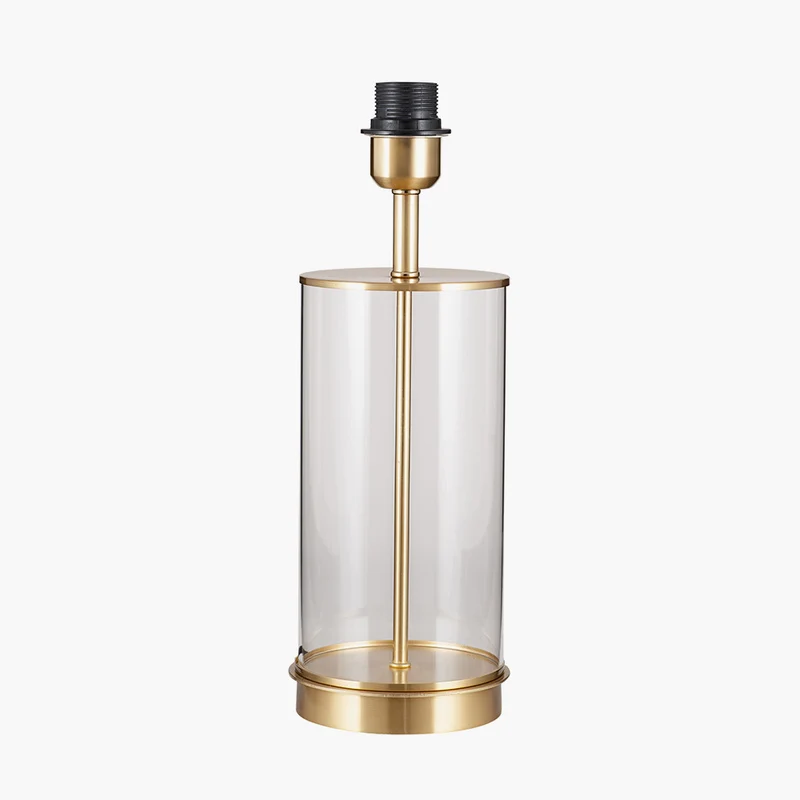Westwood Clear Glass and Champagne Metal Table Lamp Base with Stellan 35cm Green Slubbed Silk Mix Gold Lined Cylinder Lampshade