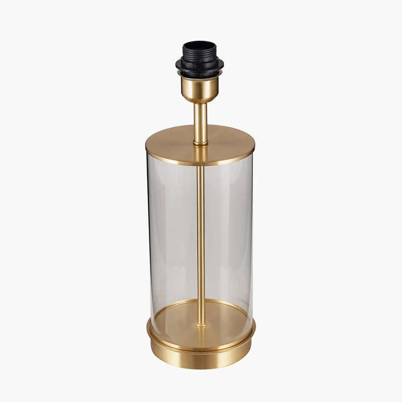 Westwood Clear Glass and Champagne Metal Table Lamp Base with Stellan 35cm Gold Slubbed Silk Mix Gold Lined Cylinder Lampshade