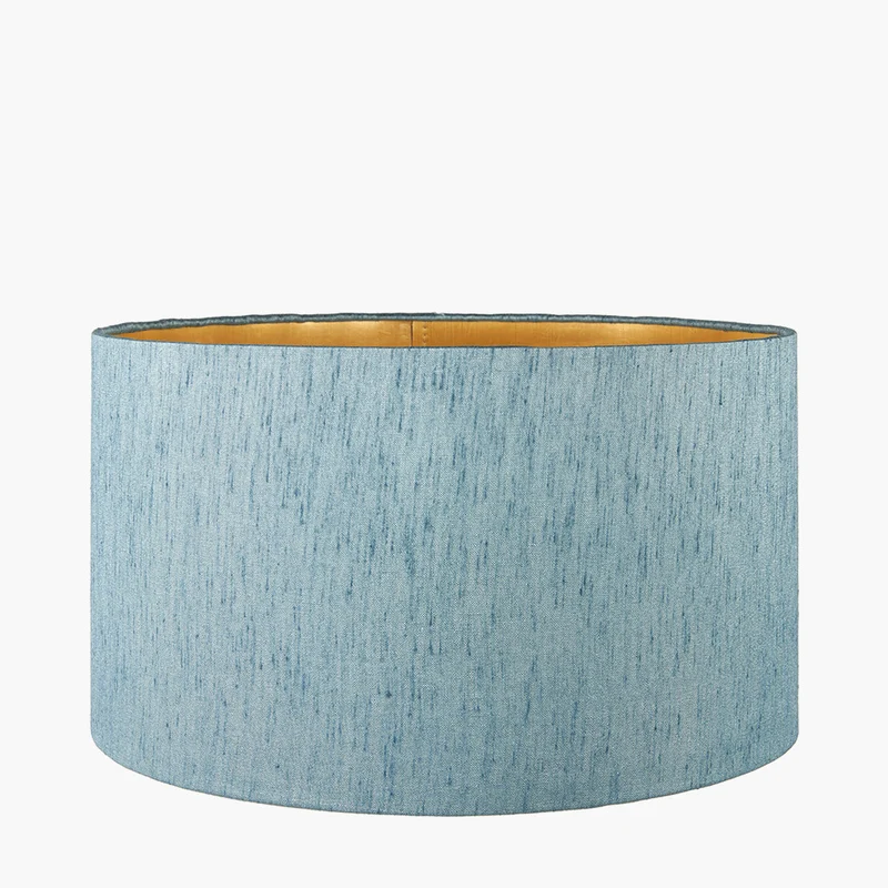 Westwood Clear Glass and Champagne Metal Table Lamp Base with Stellan 35cm Duck Egg Slubbed Silk Mix Gold Lined Cylinder Lampshade