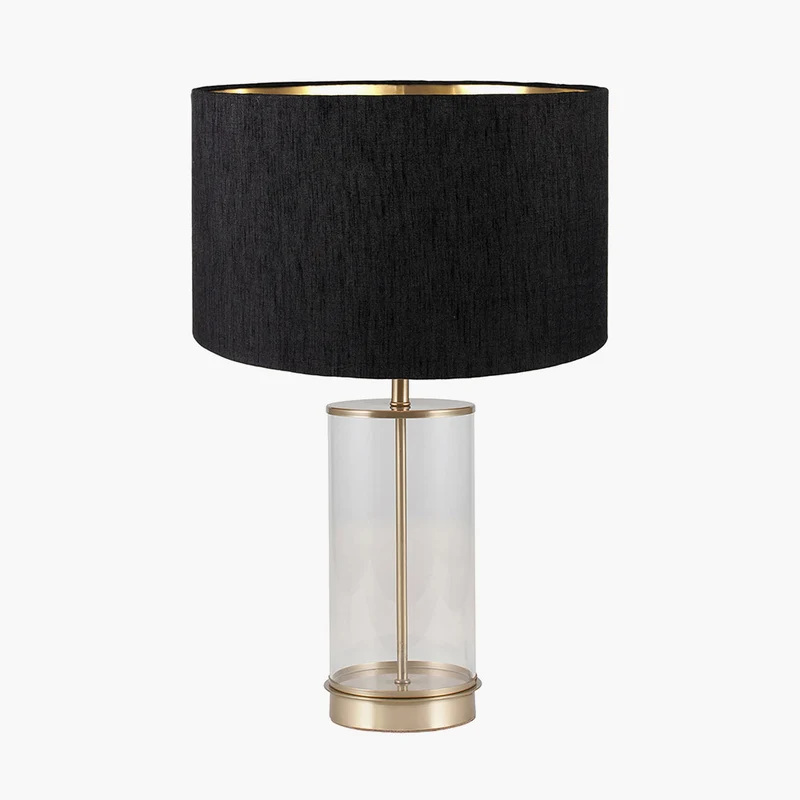 Westwood Clear Glass and Champagne Metal Table Lamp Base with Stellan 35cm Black Slubbed Silk Mix Gold Lined Cylinder Lampshade