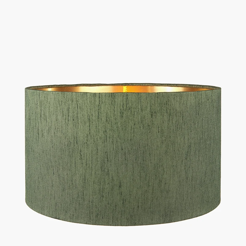 Westwood Clear Glass and Black Metal Table Lamp Base with Stellan 30cm Green Slubbed Silk Mix Gold Lined Cylinder Lampshade