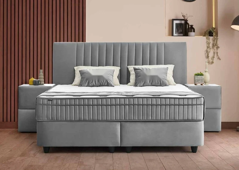 Casa Padrino Luxus Boxspringbett mit Kopfteil in Streifenoptik Grau 90 x 200 cm - Luxus Schlafzimmer Möbel