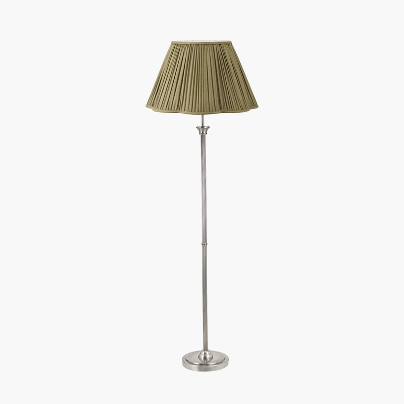 Salvatore Antique Silver Metal Floor Lamp Base with Malia 45cm Olive Green Mushroom Pleat Scalloped Tapered Lamp Shade