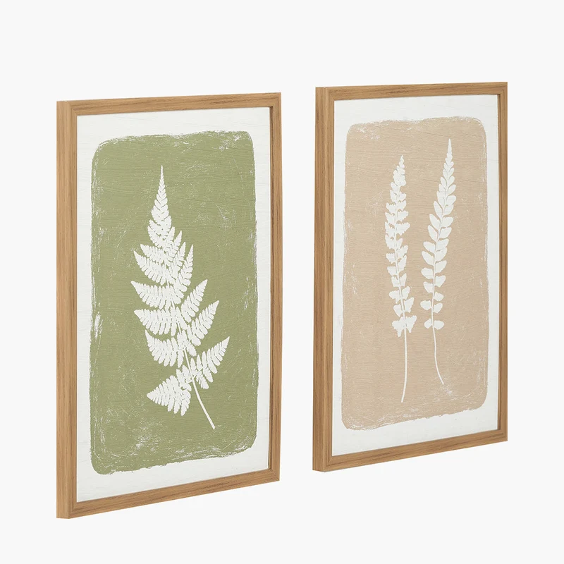 S/2 Green and Natural Fern Canvas Wall Art with Natural Frames