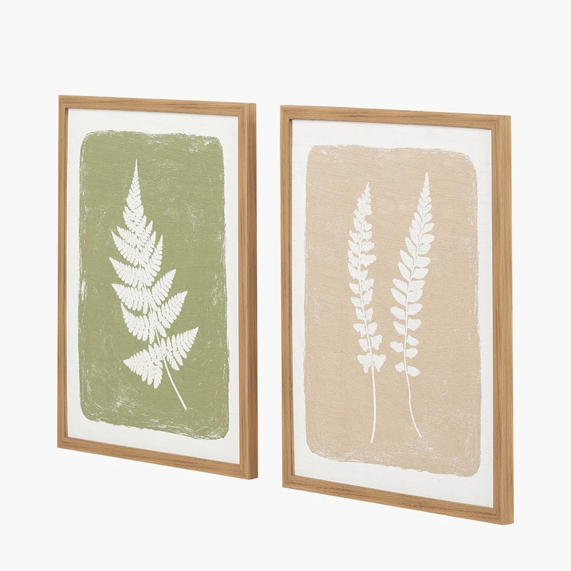 S/2 Green and Natural Fern Canvas Wall Art with Natural Frames