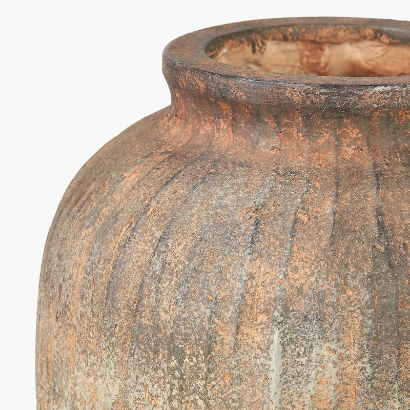 Rustic Brown Fibrestone Vertical Ribbed Decorative Vase Tall