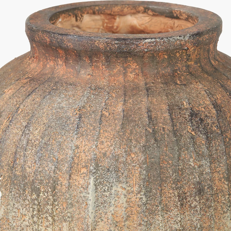 Rustic Brown Fibrestone Vertical Ribbed Decorative Vase Tall
