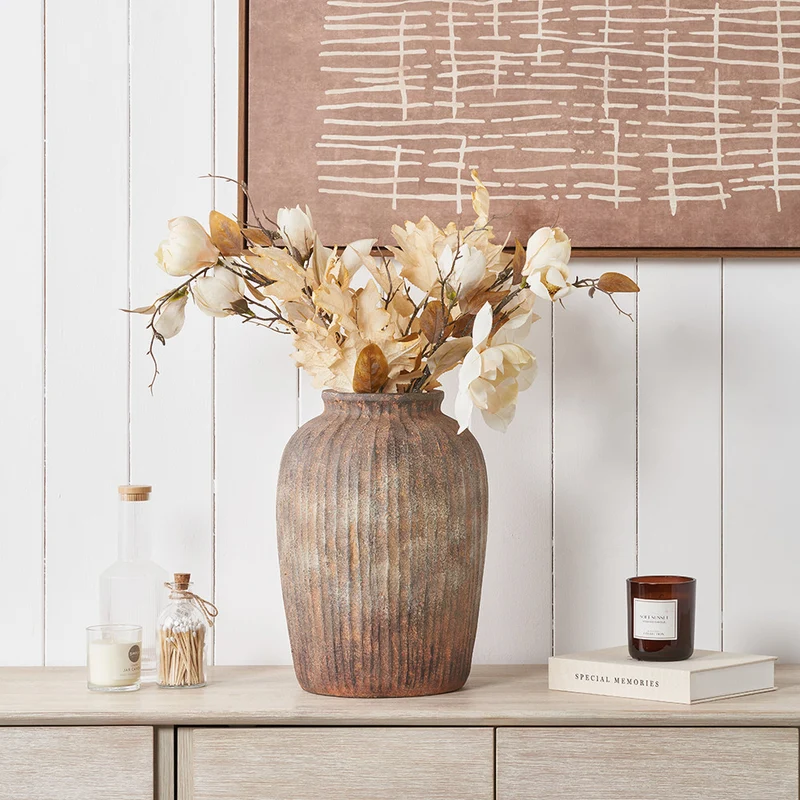 Rustic Brown Fibrestone Vertical Ribbed Decorative Vase Tall