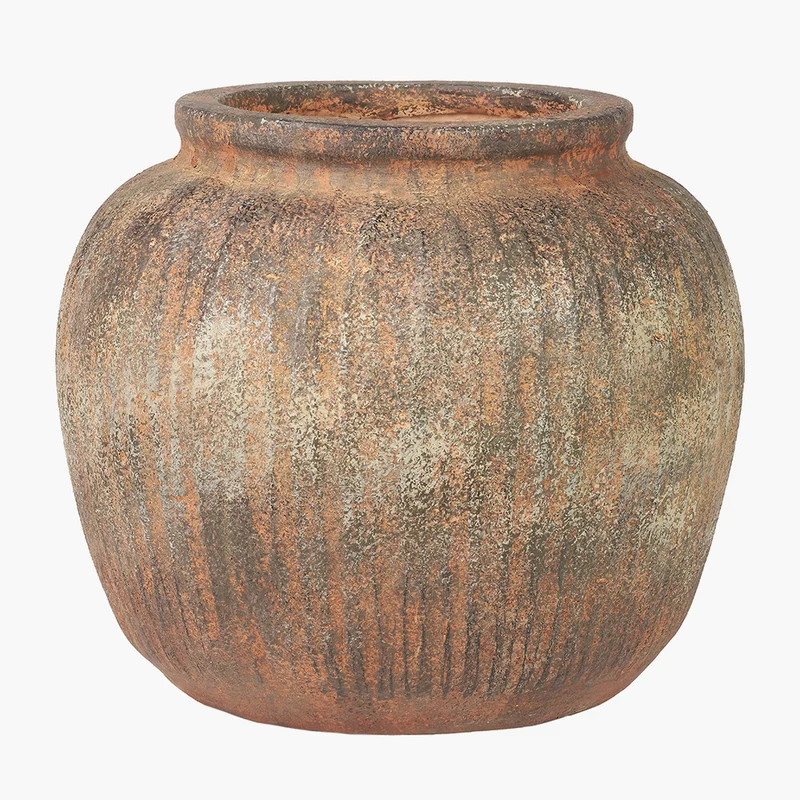 Rustic Brown Fibrestone Vertical Ribbed Decorative Vase Round