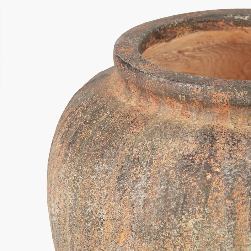 Rustic Brown Fibrestone Vertical Ribbed Decorative Vase Round