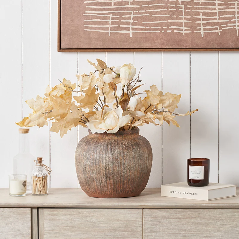 Rustic Brown Fibrestone Vertical Ribbed Decorative Vase Round