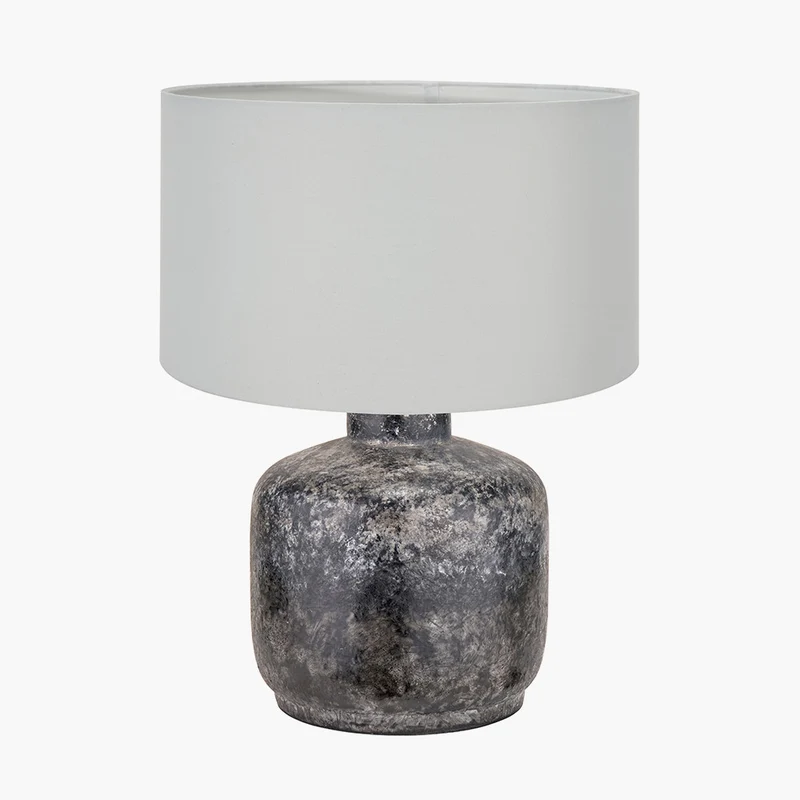 Vulcan Textured Volcanic Effect Grey Small Stoneware Table Lamp Base with Harry 30cm Ivory Cotton Mix Cylinder Lampshade