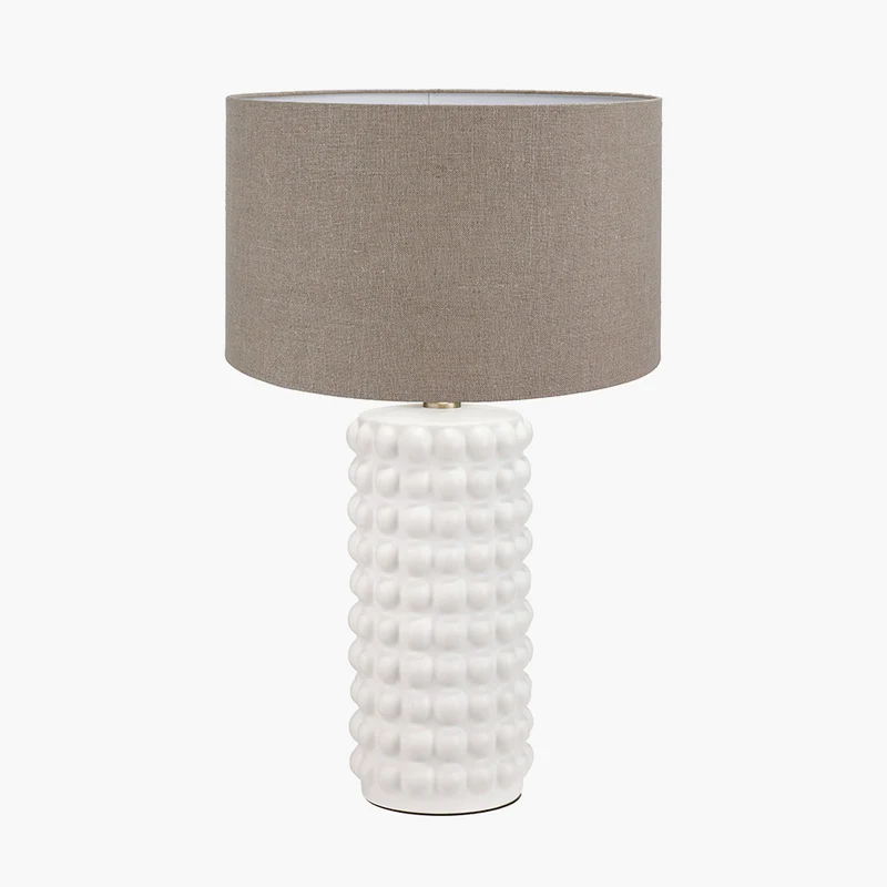 Sohan White Bobbled Ceramic Tall Table Lamp Base with Edward 40cm Natural Linen Cylinder Lampshade