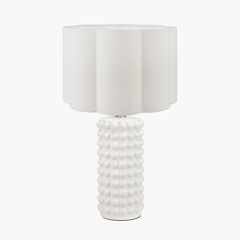 Sohan White Bobbled Ceramic Tall Table Lamp Base with Bloom 40cm White Handloom Scalloped Cylinder Lampshade