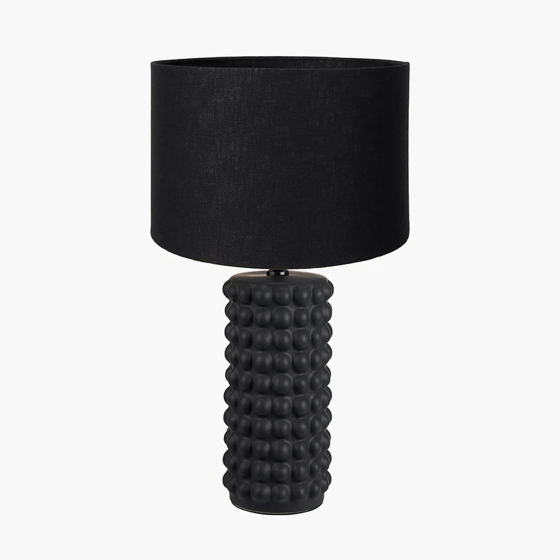Sohan Black Bobbled Ceramic Tall Table Lamp Base with Lino 40cm Black Self Lined Linen Cylinder Lampshade