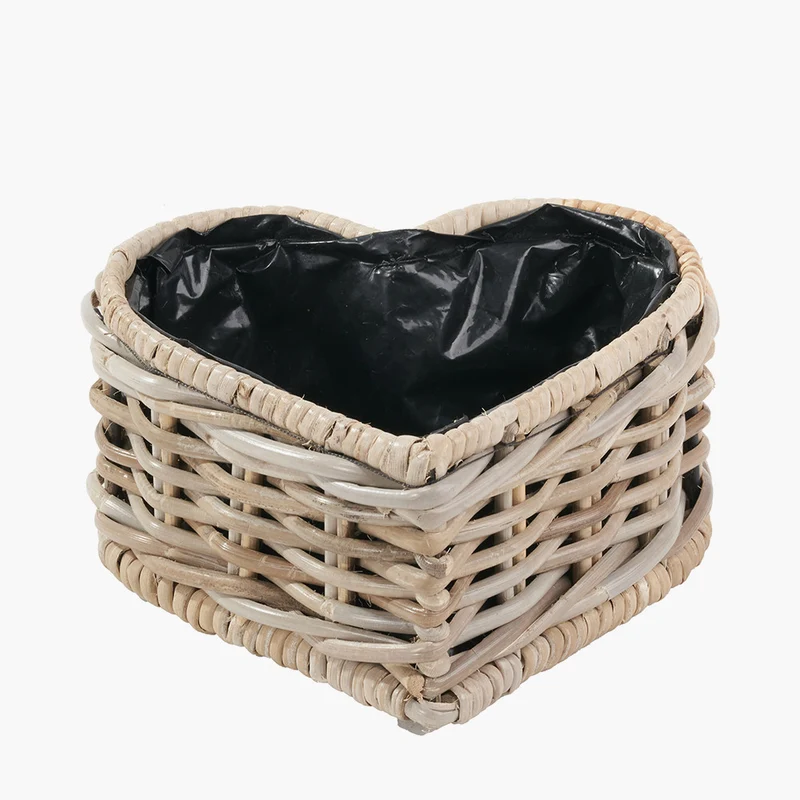 Tobs Indoor Outdoor Grey Kubu Rattan Heart Shaped Basket Planter