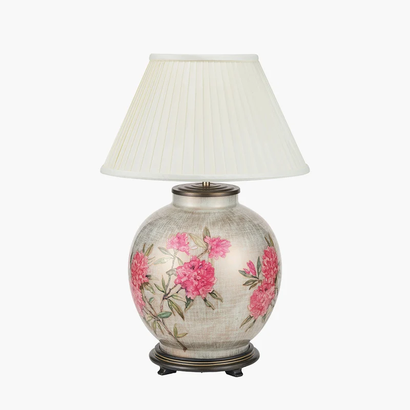 Rhododendron Large Glass Table Lamp Base with Bacall 50cm Almond Silk Knife Pleat Empire Lampshade