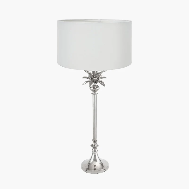 Trafalgar Nickel Metal Palm Tree Table Lamp Base with Harry 30cm Ivory Cotton Mix Cylinder Lampshade
