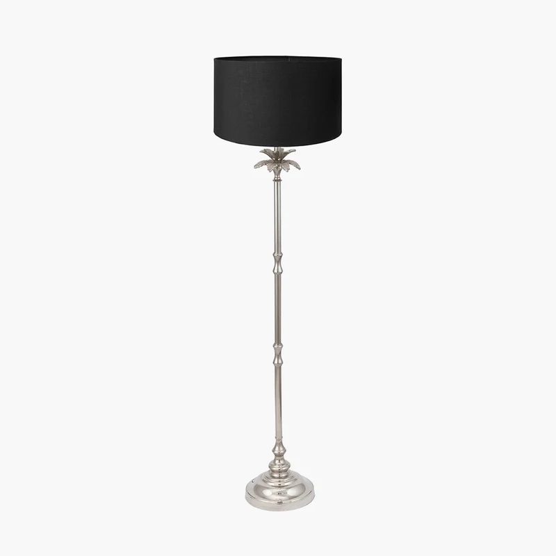 Trafalgar Nickel Metal Palm Tree Floor Lamp Base with Harry 45cm Black Cotton Mix Cylinder Lampshade