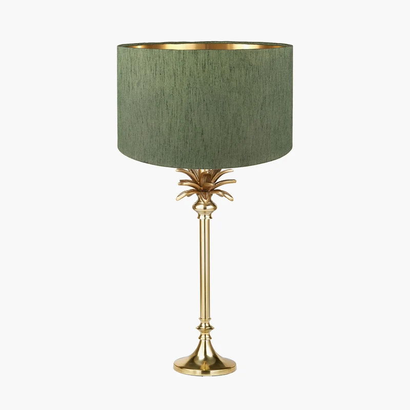 Trafalgar Gold Metal Palm Tree Table Lamp Base with Stellan 35cm Green Slubbed Silk Mix Gold Lined Cylinder Lampshade