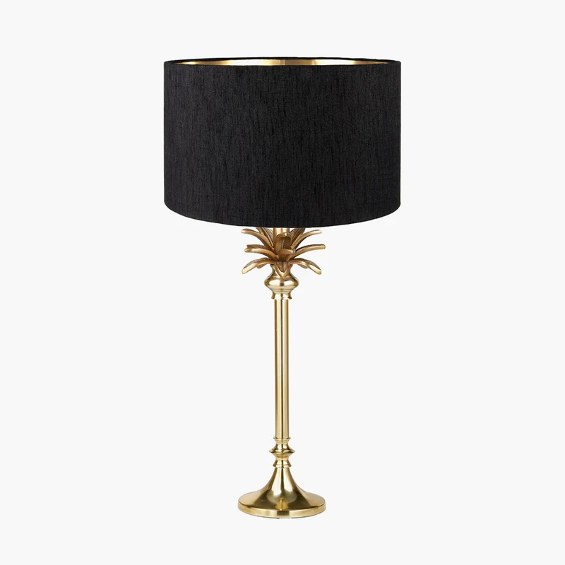Trafalgar Gold Metal Palm Tree Table Lamp Base with Stellan 35cm Black Slubbed Silk Mix Gold Lined Cylinder Lampshade