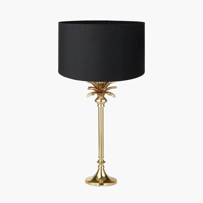 Trafalgar Gold Metal Palm Tree Table Lamp Base with Harry 35cm Black Cotton Mix Cylinder Lampshade