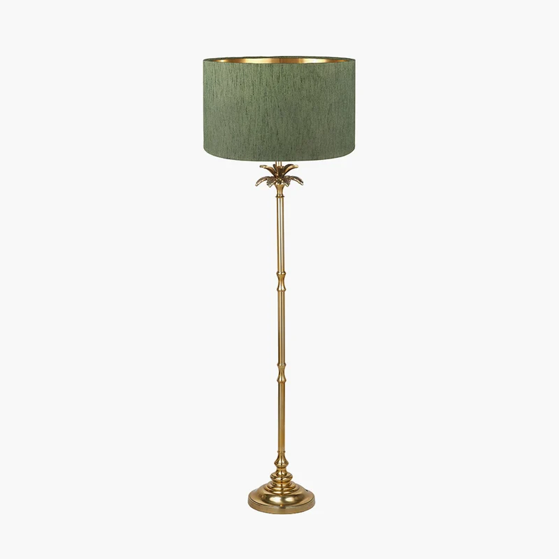 Trafalgar Gold Metal Palm Tree Floor Lamp Base with Stellan 45cm Green Slubbed Silk Mix Gold Lined Cylinder Lampshade