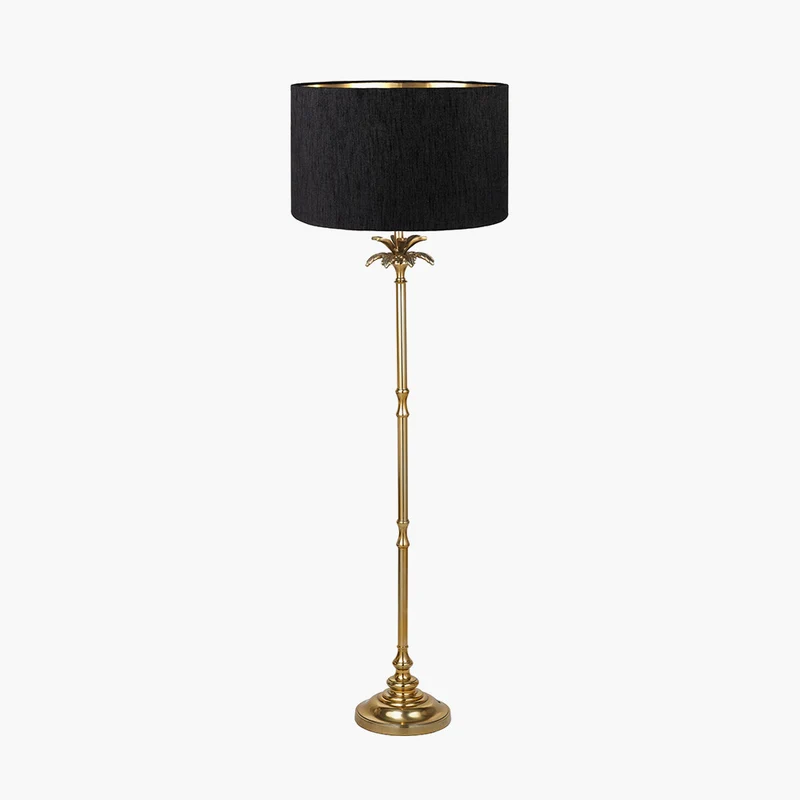 Trafalgar Gold Metal Palm Tree Floor Lamp Base with Stellan 45cm Black Slubbed Faux Silk Gold Lined Cylinder Lampshade