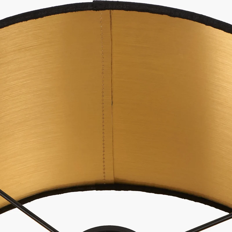Trafalgar Gold Metal Palm Tree Floor Lamp Base with Stellan 45cm Black Slubbed Faux Silk Gold Lined Cylinder Lampshade