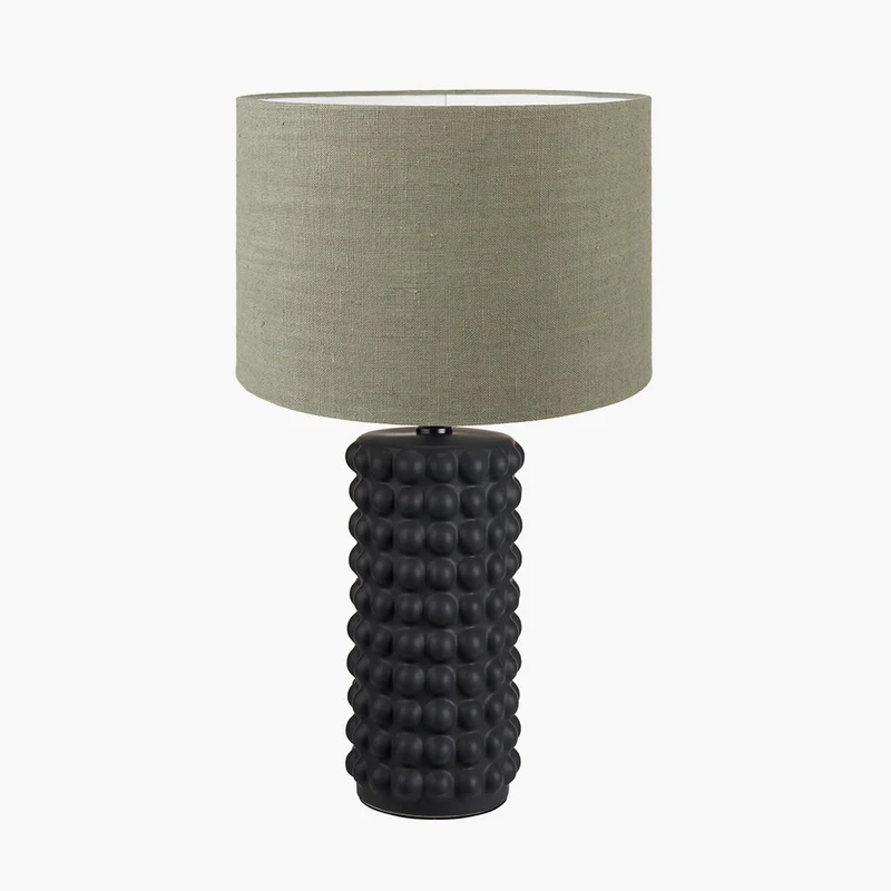 Sohan Black Bobbled Ceramic Tall Table Lamp Base with Edward 40cm Pistachio Green Linen Cylinder Lampshade