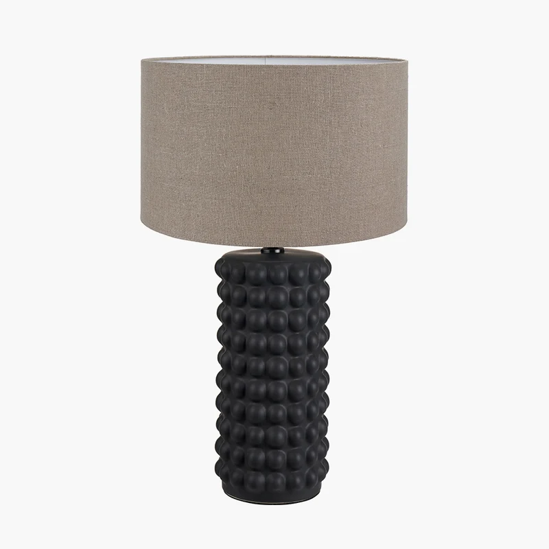 Sohan Black Bobbled Ceramic Tall Table Lamp Base with Edward 40cm Natural Linen Cylinder Lampshade