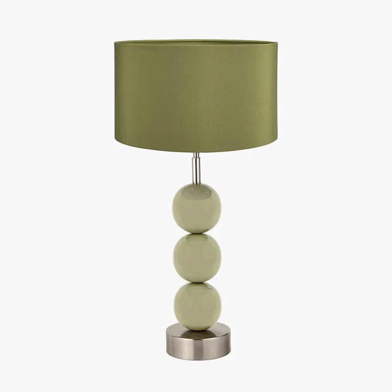 Sofia Sage and Silver Enamel 3 Ball Table Lamp Base with Harry 35cm Sage Cotton Mix Cylinder Lampshade