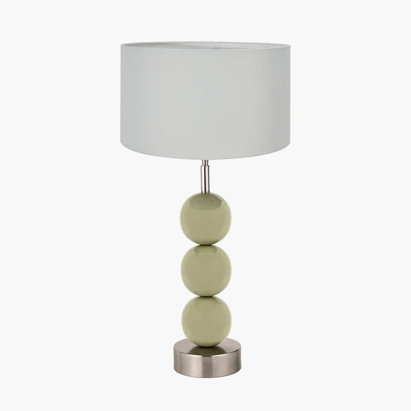 Sofia Sage and Silver Enamel 3 Ball Table Lamp Base with Harry 35cm Ivory Cotton Mix Cylinder Lampshade